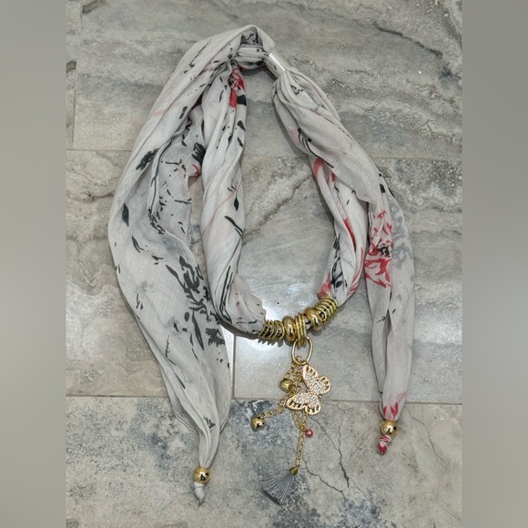 Accessories - Elegant Floral Scarf with Gold Accents